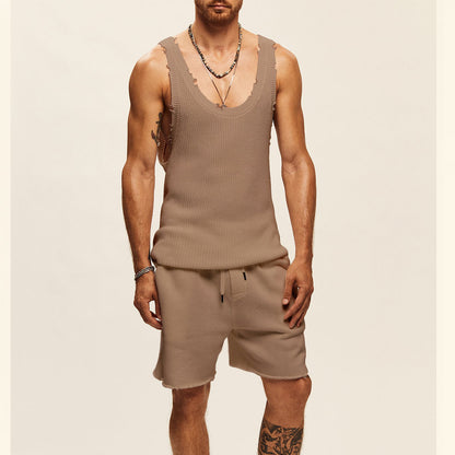 Knitted Essentials Two-Piece Set: Men's Two-piece Knitted Sleeveless Tank Top Shorts