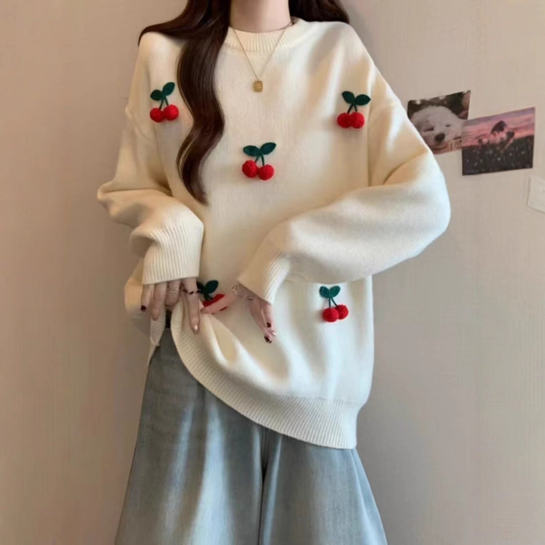 Red Cherry Sweater Women's Fashion Round Neck Pullover Long Sleeve