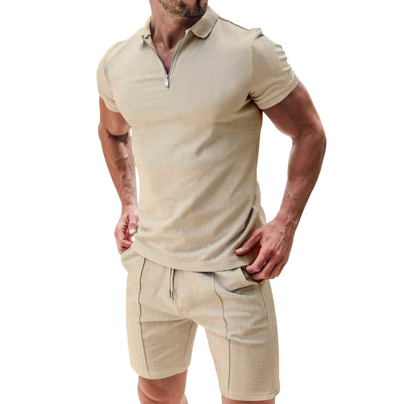 Versatile Weekend Waffle Set: 2Pcs Casual Waffle Suit Summer Zipper Lapel Short-sleeved Top And Drawstring Pockets Shorts Versatile Solid Color T-shirt Set For Mens Clothing