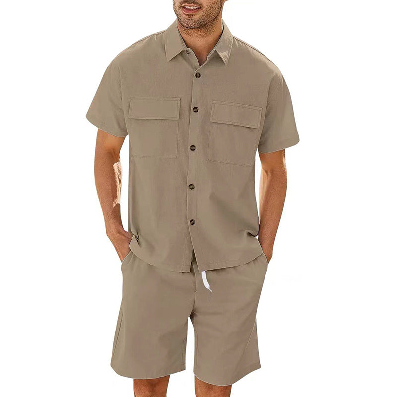 Leisure Luxe Set : Suits Men Short Sleeve Lapel Pockets Shirt And Drawstring Shorts Sports Fashion Leisure Men's Clothing