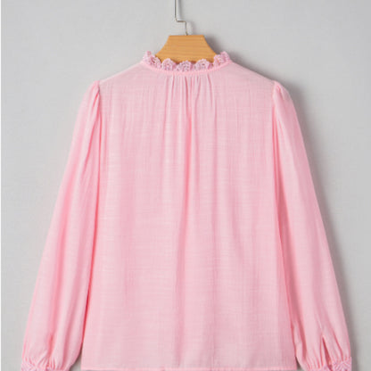 Lace Patchwork Edge Collarless Button Shirt