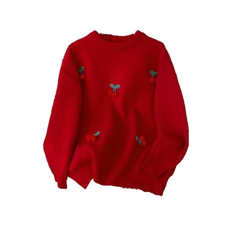 Red Cherry Sweater Women's Fashion Round Neck Pullover Long Sleeve