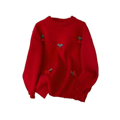 Red Cherry Sweater Women's Fashion Round Neck Pullover Long Sleeve