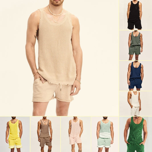 Knitted Essentials Two-Piece Set: Men's Two-piece Knitted Sleeveless Tank Top Shorts