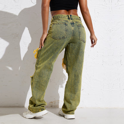 Retro Vibes Split Jeans :Shascullfites Melody Yellow Wash Streetwear Split Loose Straight Jeans Y2K Ripped Retro Women Denim Pants