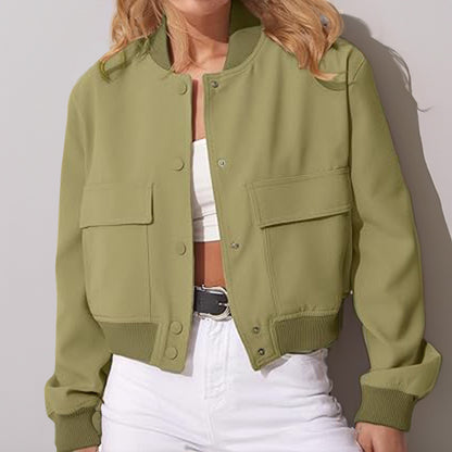 Chic Utility Stand-Collar Jacket-Fashion Button Stand-collar Jacket With Big Pockets Casual Loose Short Outwear Tops Coat For Women Clothing