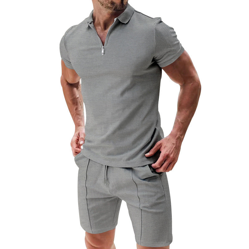 Versatile Weekend Waffle Set: 2Pcs Casual Waffle Suit Summer Zipper Lapel Short-sleeved Top And Drawstring Pockets Shorts Versatile Solid Color T-shirt Set For Mens Clothing