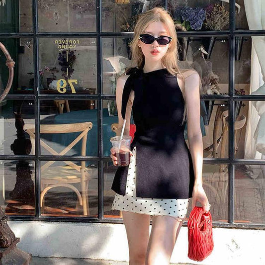 Hot Girl Sexy Halter Vest French Style Design Niche Top A- Line Wave