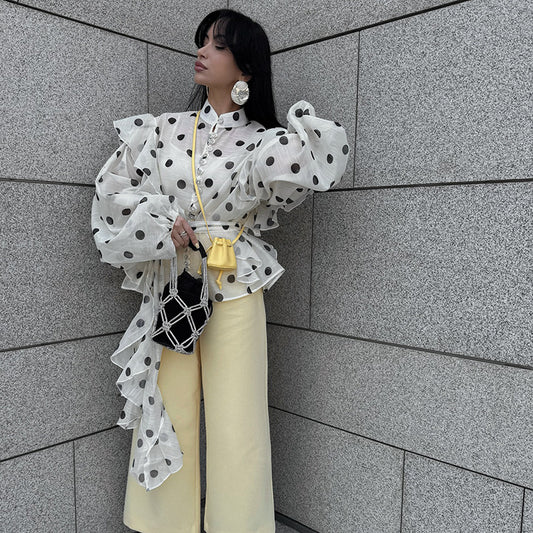 Elegant Ruffled Lace-up Stand Collar Polka Dot Shirt