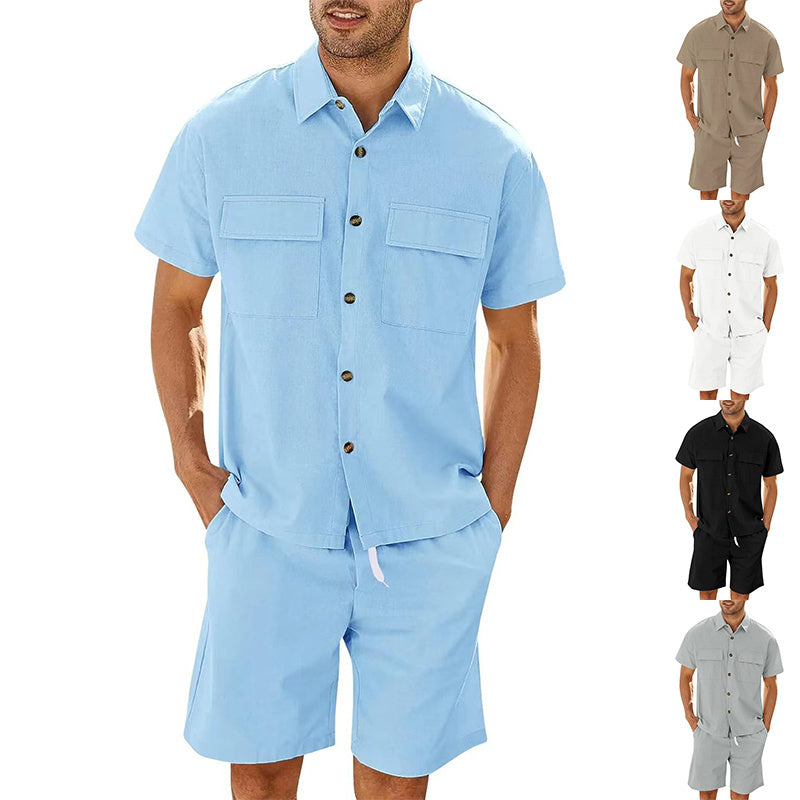 Leisure Luxe Set : Suits Men Short Sleeve Lapel Pockets Shirt And Drawstring Shorts Sports Fashion Leisure Men's Clothing