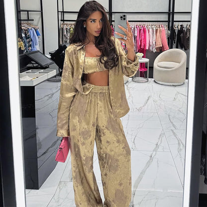 Lapel Long Sleeve Shirt Tube Top Wide Leg Pants Three-piece Set