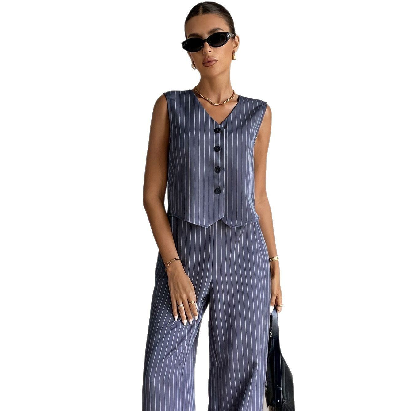 Single-breasted Striped Vest Wide-leg Pants Casual Suit