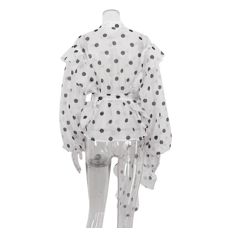 Elegant Ruffled Lace-up Stand Collar Polka Dot Shirt