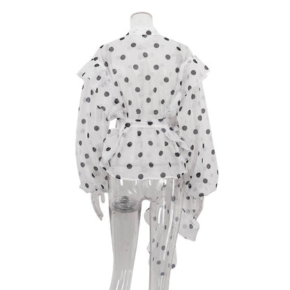 Elegant Ruffled Lace-up Stand Collar Polka Dot Shirt