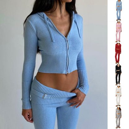 Urban Chic Zip-Up Set:Hoodie Suit Women Leisure Sexy Zip Long Sleeve Sweater And High Waist Long Pants Set