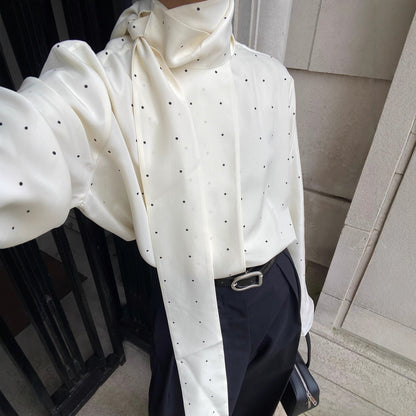 Ribbon Polka-dot Loose-fitting Commuter Long Sleeve Top