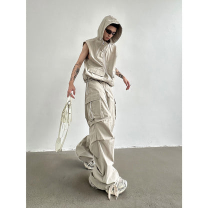 Classic Urban Ensemble-Men's Hooded Sleeveless Vest Wide Leg Trousers Overall Suit