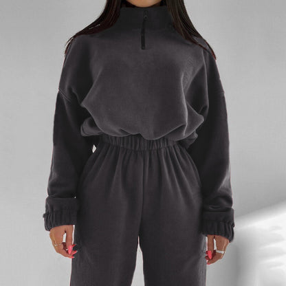 Effortless Charm Zip Sweater Two-Piece Set: Loose Zip Stand Collar Sweater Two-piece Set