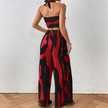 Halter Tube Top Flame Wide-leg Pants Suit