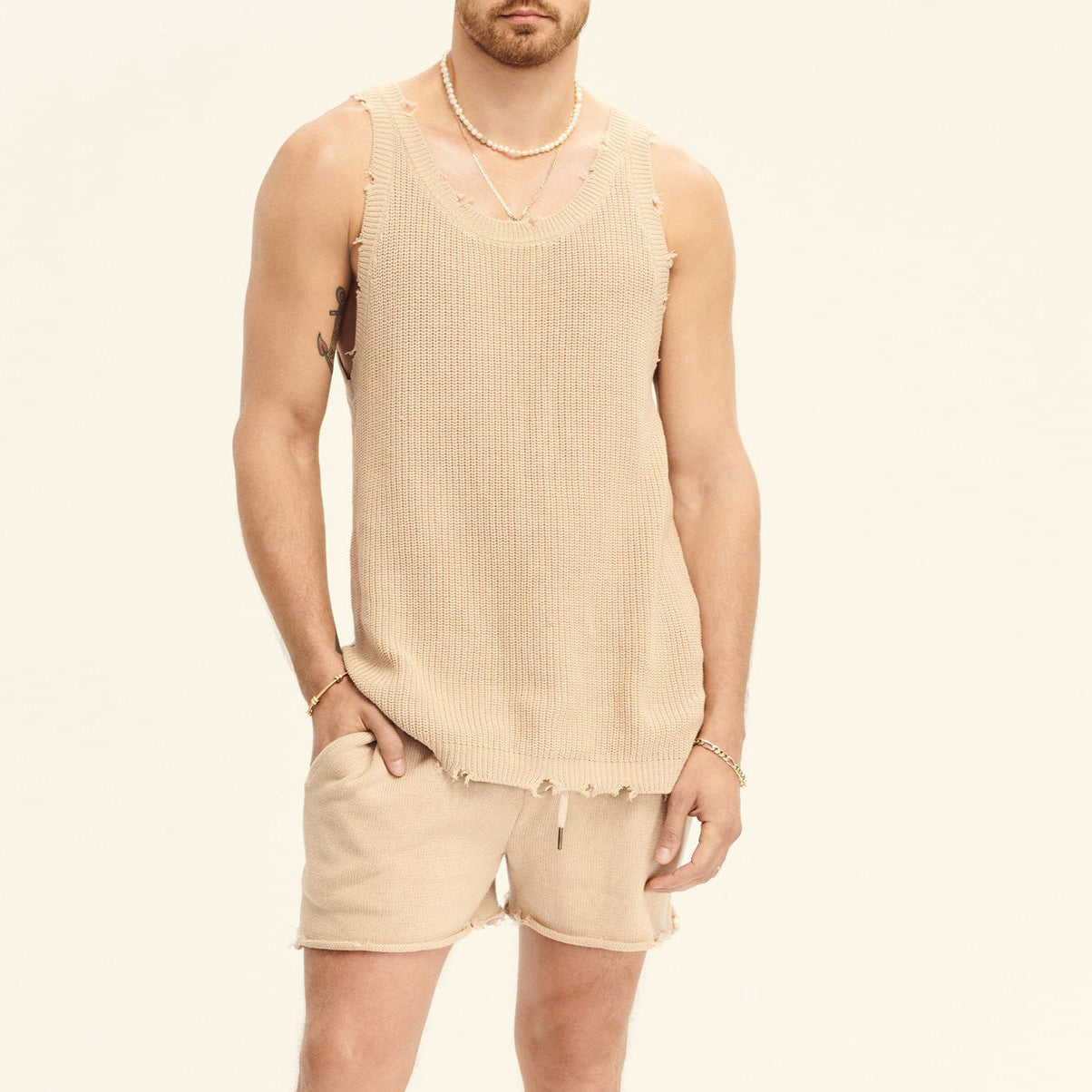 Knitted Essentials Two-Piece Set: Men's Two-piece Knitted Sleeveless Tank Top Shorts