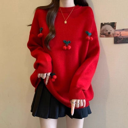 Red Cherry Sweater Women's Fashion Round Neck Pullover Long Sleeve