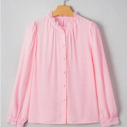 Lace Patchwork Edge Collarless Button Shirt