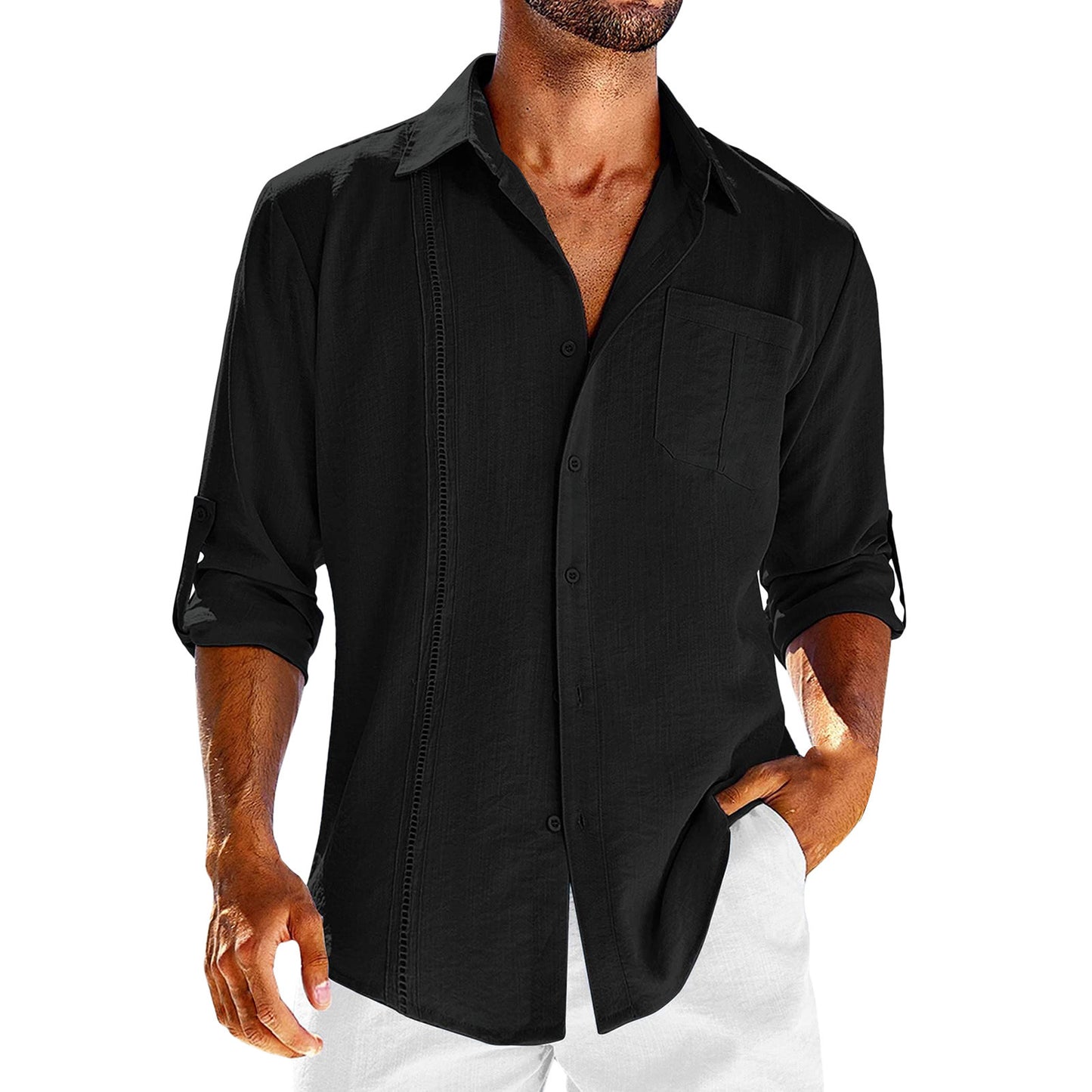 Luxe Lace Collar Button-Up: Casual  Long Sleeve Shirt With Pocket Lace Polo Collar Solid Color Button Mens Clothing