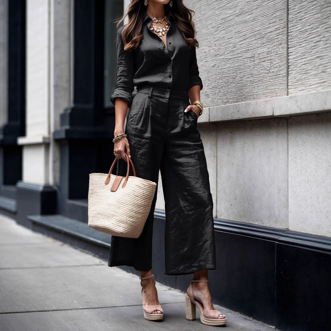 Damenmode Minimalistisches Langarm-Top und lockere, weite Hose im Anzug