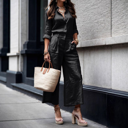 Damenmode Minimalistisches Langarm-Top und lockere, weite Hose im Anzug