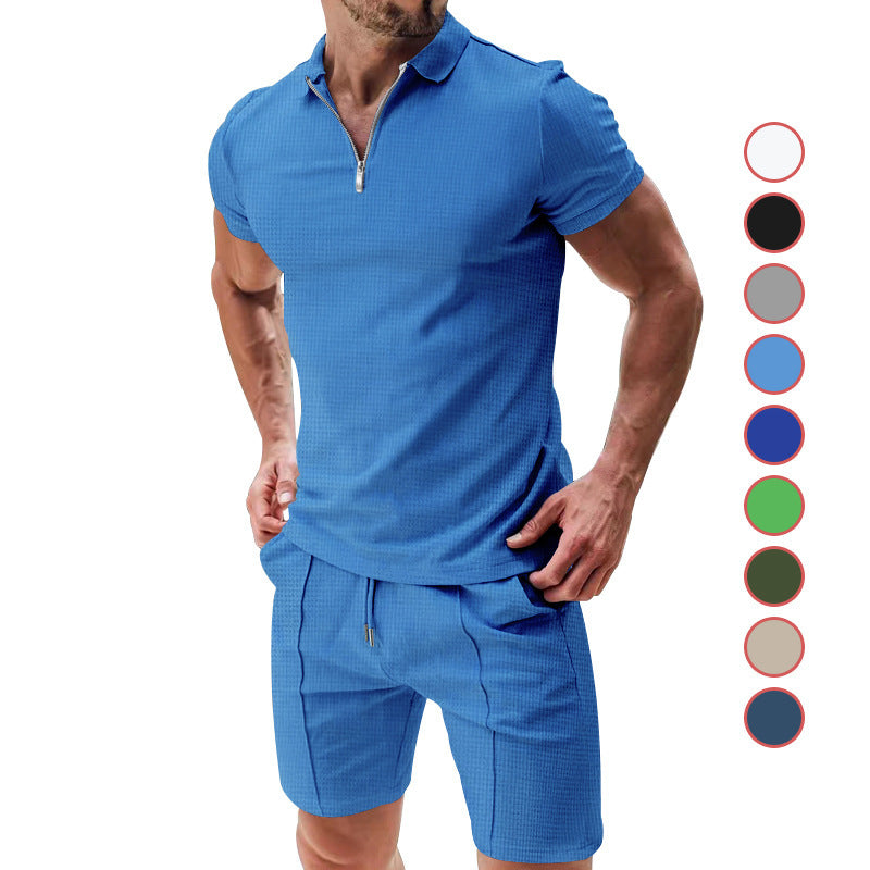 Versatile Weekend Waffle Set: 2Pcs Casual Waffle Suit Summer Zipper Lapel Short-sleeved Top And Drawstring Pockets Shorts Versatile Solid Color T-shirt Set For Mens Clothing