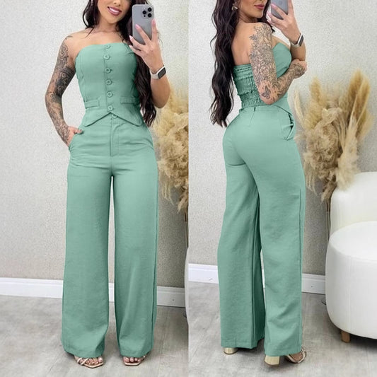 Tube Top Button Vest Closure Placket Wide Leg Trousers Suit