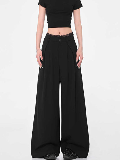 Black Wide-leg Suit Pants Lace Stitching Women's Casual Pants