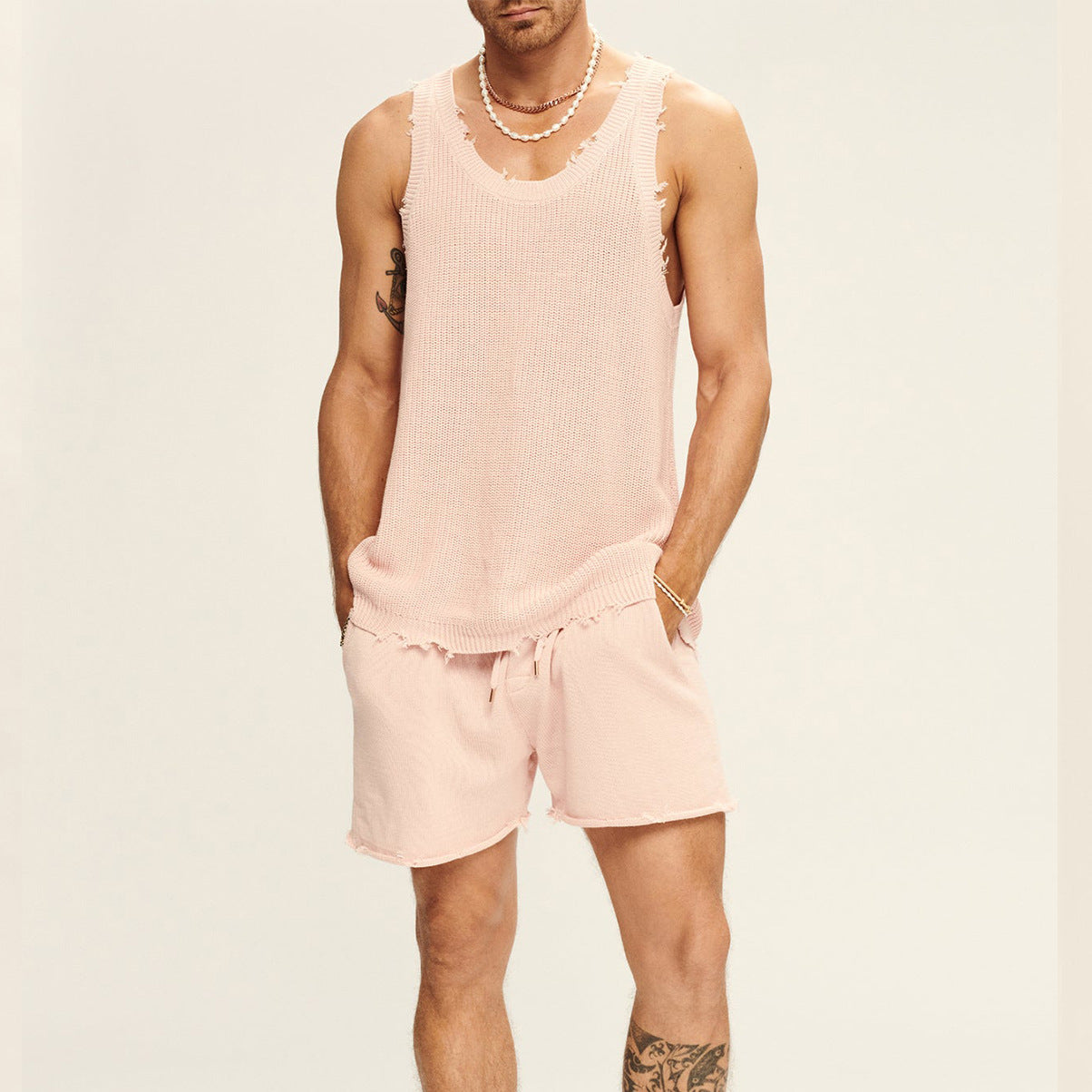 Knitted Essentials Two-Piece Set: Men's Two-piece Knitted Sleeveless Tank Top Shorts