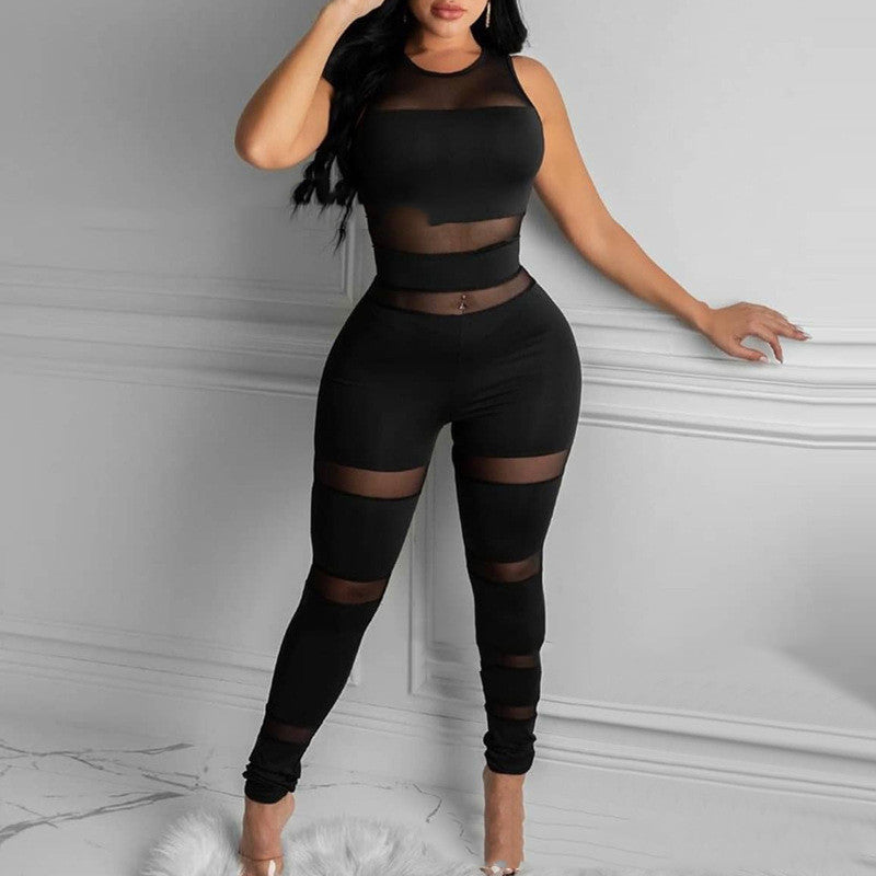 Elegant Black Mesh Stitching Jumpsuit