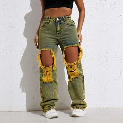 Retro Vibes Split Jeans :Shascullfites Melody Yellow Wash Streetwear Split Loose Straight Jeans Y2K Ripped Retro Women Denim Pants