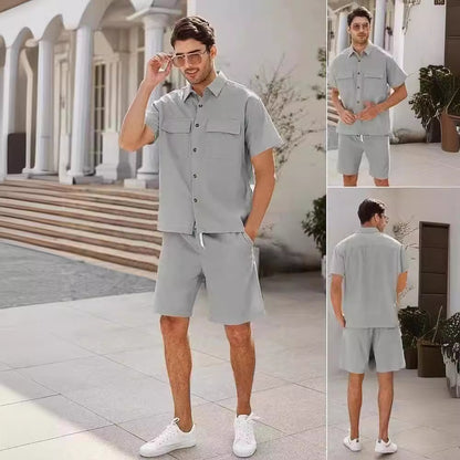 Leisure Luxe Set : Suits Men Short Sleeve Lapel Pockets Shirt And Drawstring Shorts Sports Fashion Leisure Men's Clothing