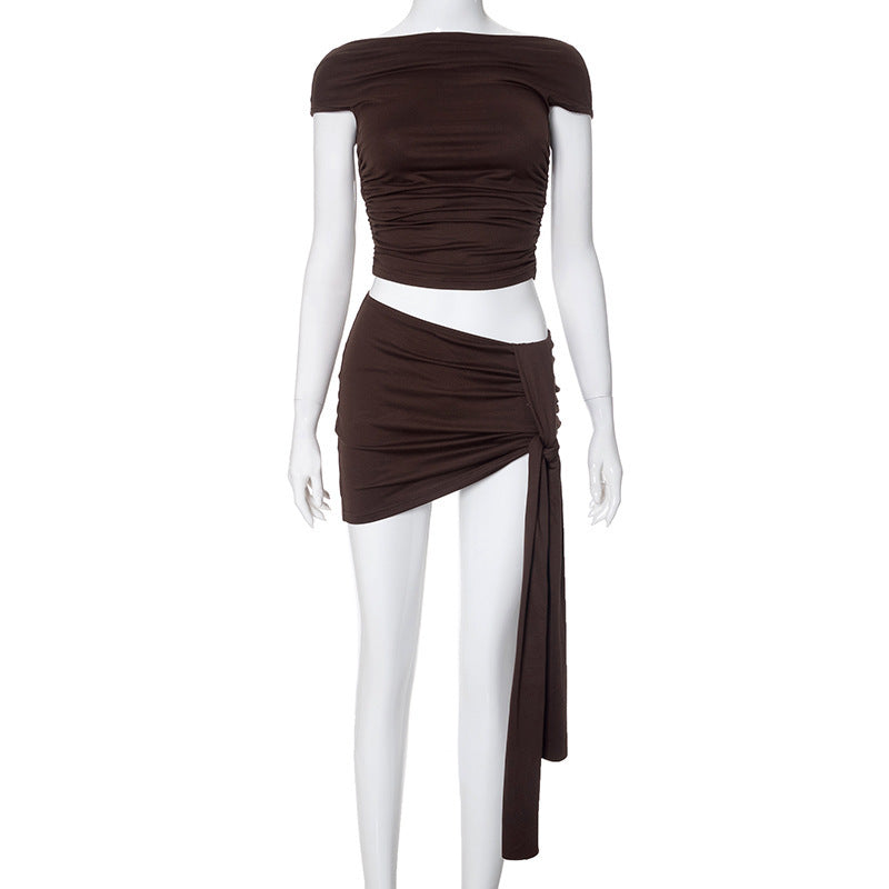 Effortless Elegance Set:Sleeveless Round Neck Midriff-baring Top Strap Mid-length Dress Set