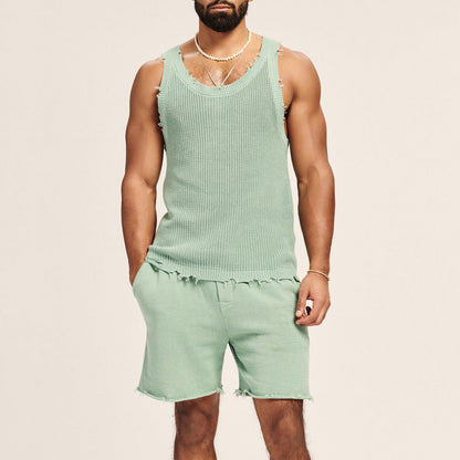 Knitted Essentials Two-Piece Set: Men's Two-piece Knitted Sleeveless Tank Top Shorts