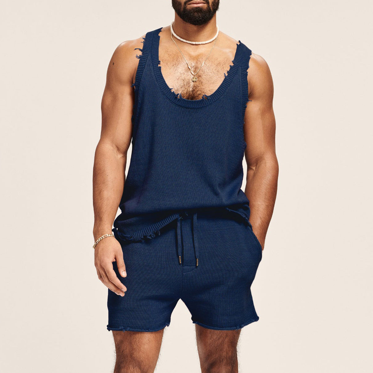 Knitted Essentials Two-Piece Set: Men's Two-piece Knitted Sleeveless Tank Top Shorts