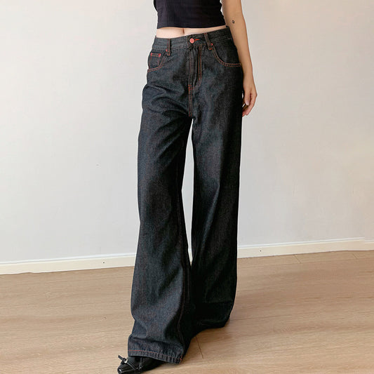 Women's Retro Contrast Embroidered Original Wide-leg Jeans