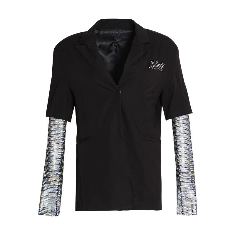 British Style Elegant Hot Bead Net Small Suit Stitching Long Sleeve Small Suit Jacket