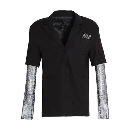 British Style Elegant Hot Bead Net Small Suit Stitching Long Sleeve Small Suit Jacket