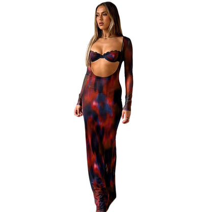 Heritage Elegance Ensemble-Printed Tube Top Long Sleeve Skirt Suit