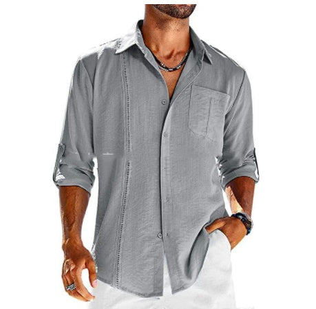 Luxe Lace Collar Button-Up: Casual  Long Sleeve Shirt With Pocket Lace Polo Collar Solid Color Button Mens Clothing