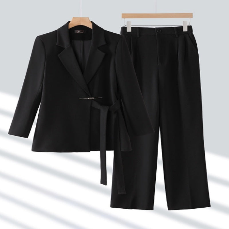 Casual Long-sleeved Small Suit Collar Jacket Women's Wide-leg Pants Two-piece Suit