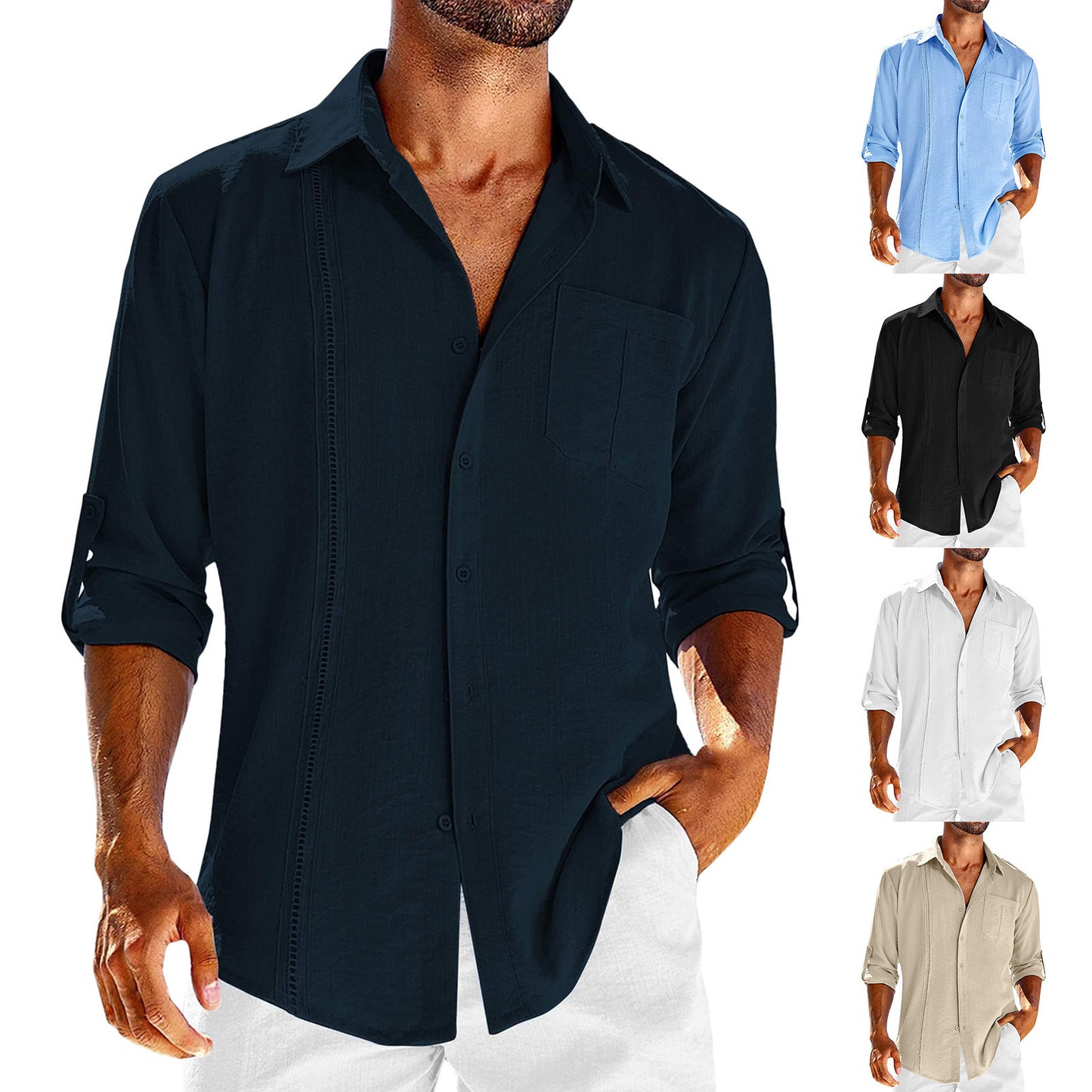 Luxe Lace Collar Button-Up: Casual  Long Sleeve Shirt With Pocket Lace Polo Collar Solid Color Button Mens Clothing