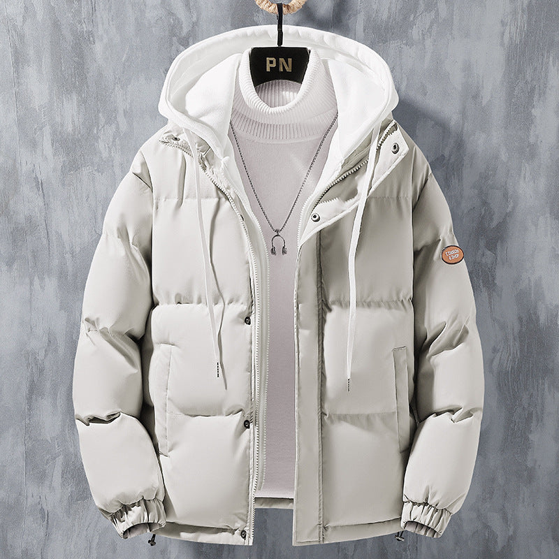 Korean Streetwise Windbreaker : Fashion Hooded Jacket Men Winter Windproof Thickened Fake Two-piece Coat Solid Leisure Sports Cotton Jacket