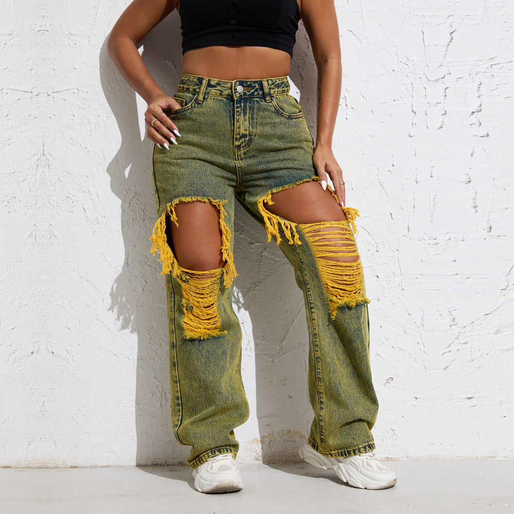 Retro Vibes Split Jeans :Shascullfites Melody Yellow Wash Streetwear Split Loose Straight Jeans Y2K Ripped Retro Women Denim Pants