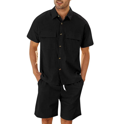 Leisure Luxe Set : Suits Men Short Sleeve Lapel Pockets Shirt And Drawstring Shorts Sports Fashion Leisure Men's Clothing