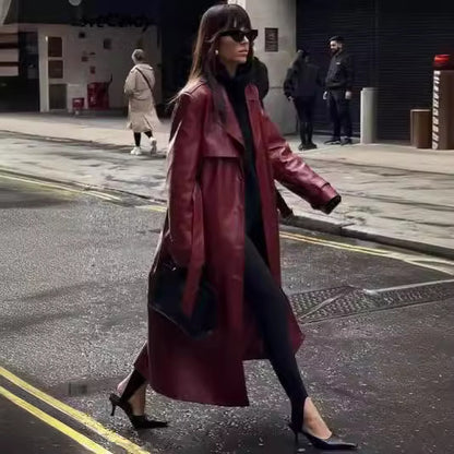 Bold Elegance Long Leather Trench Coat